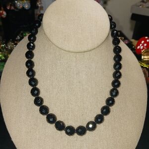 Vintage Western Germany Jet Black Faceted Crystal Glass Choker 16" Necklace